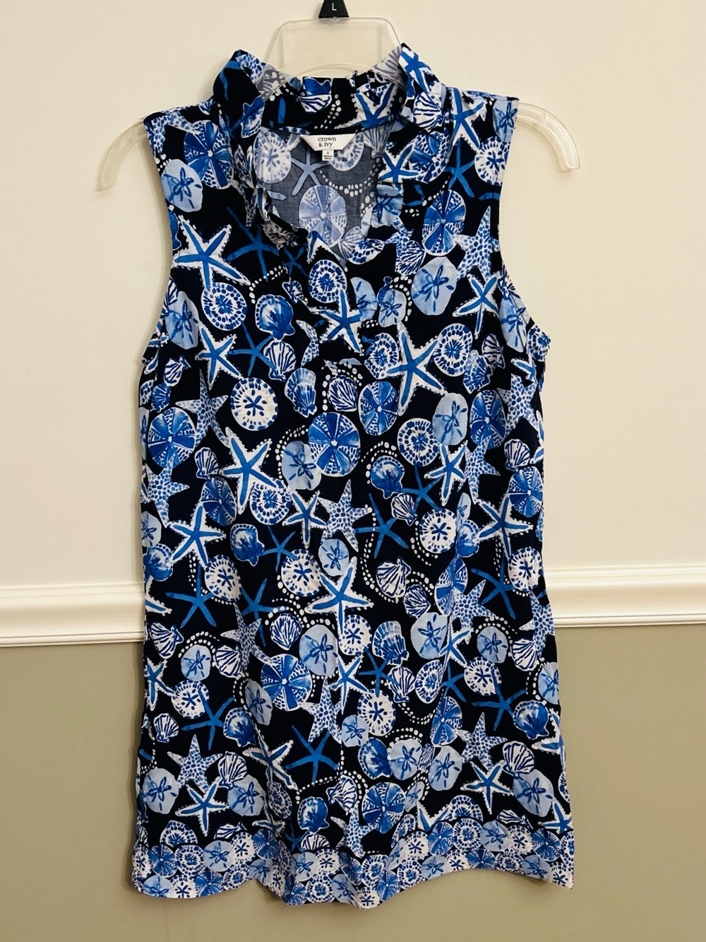 Crown & Ivy Blue Seashell Starfish Sleeveless Shift Dress Beach Coastal Small